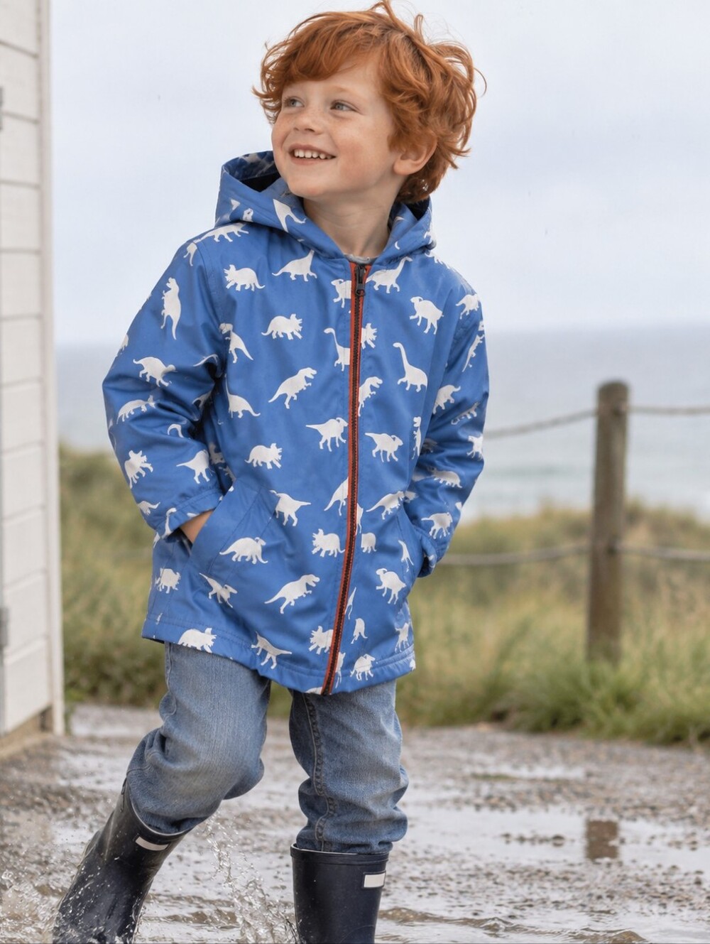 Hatley Kids Blue Dinosaur Rain Jacket Hooded Size 5 Boys Waterproof Coat